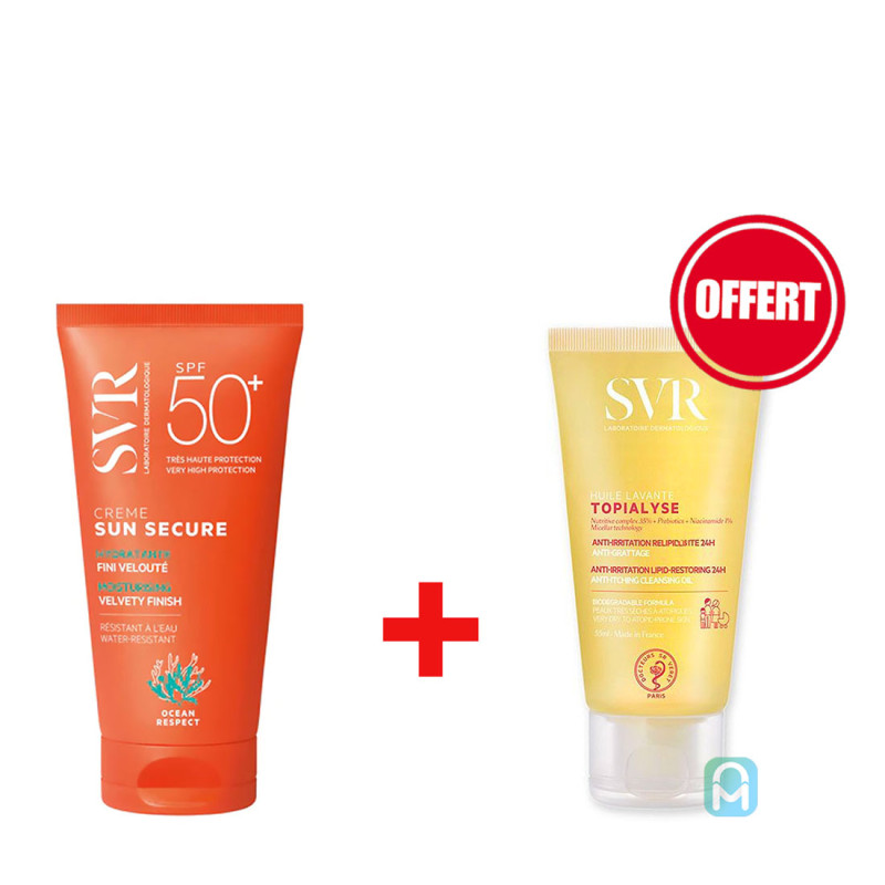 Pack Duo SVR Sun Secure crème solaire peaux sèches à très sèches + SVR Topialyse huile lavante 55ml