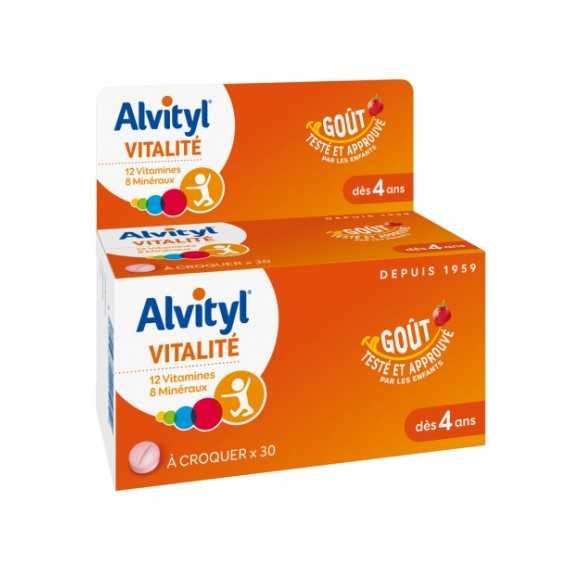 Comprimés à croquer Vitalité - Alvityl -12 vitamines et 8 minéraux - Dès 4 ans - 30 comprimés